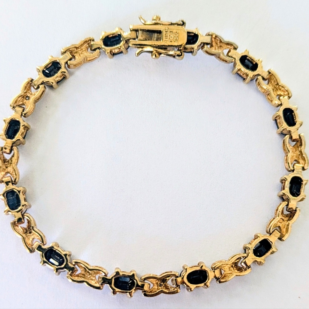 PAJ Signed STERLING SILVER Gold Vermeil Genuine Oval SAPPHIRE TENNIS BRACELET 7" - Picture 2 of 9